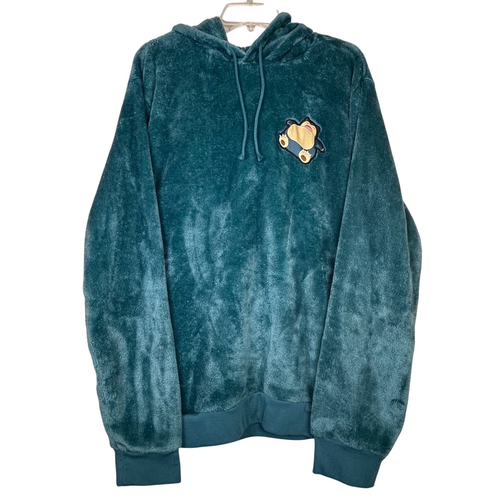 2024 Pokemon Snorlax Plush Velour Hoodie with Ears Teal XL Ears Soft‎ Fleece